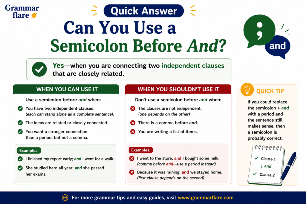 Quick Answer: Can You Use a Semicolon Before And?