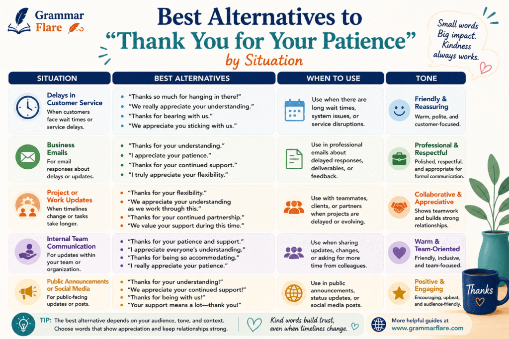 Best Alternatives to Thank You for Your Patience by Situation