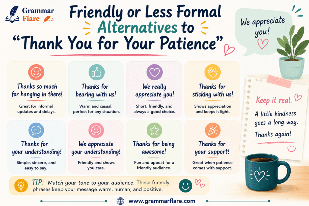 Friendly or Less Formal Alternatives to "Thank You for Your Patience"