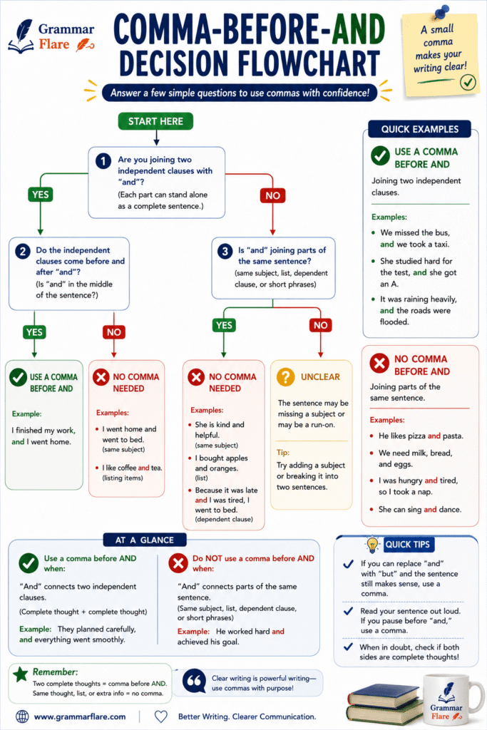 Decision flowchart showing when to use a comma before and