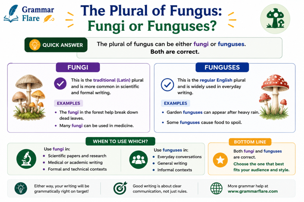 Quick Answer to the query "What Is the Plural of Fungus? Fungi, Funguses, or Both?"