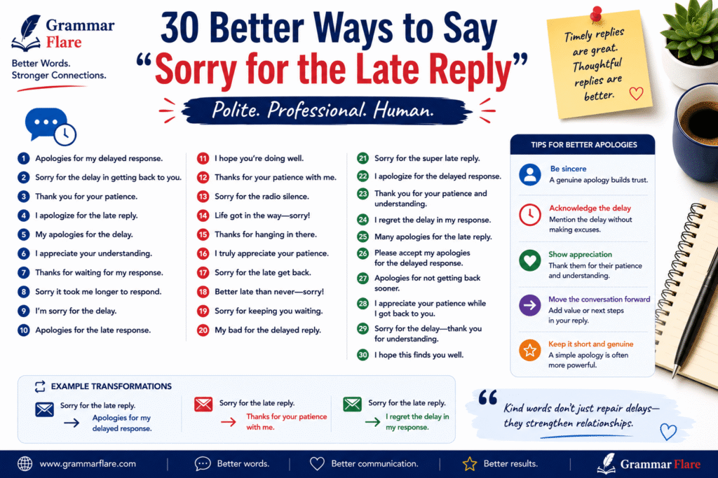 30 Better Ways to Say "Sorry for the Late Reply"-GrammarFlare
