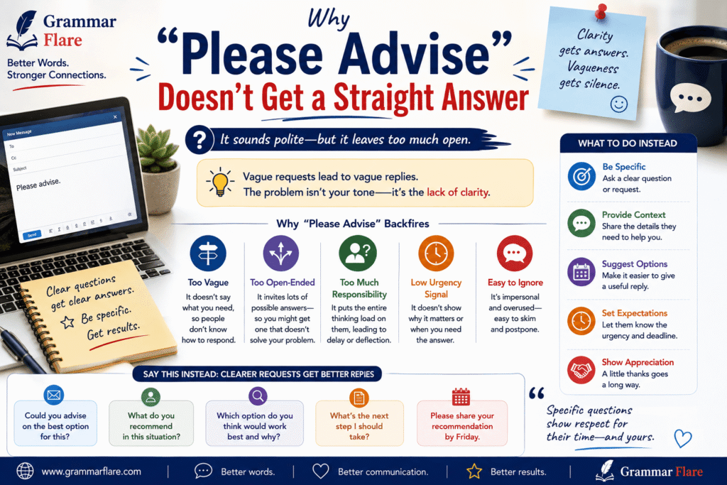 Why "Please Advise" Doesn't Get a Straight Answer- Another Way to Say "Please Advise": 30 Alternatives-GRammarFlare